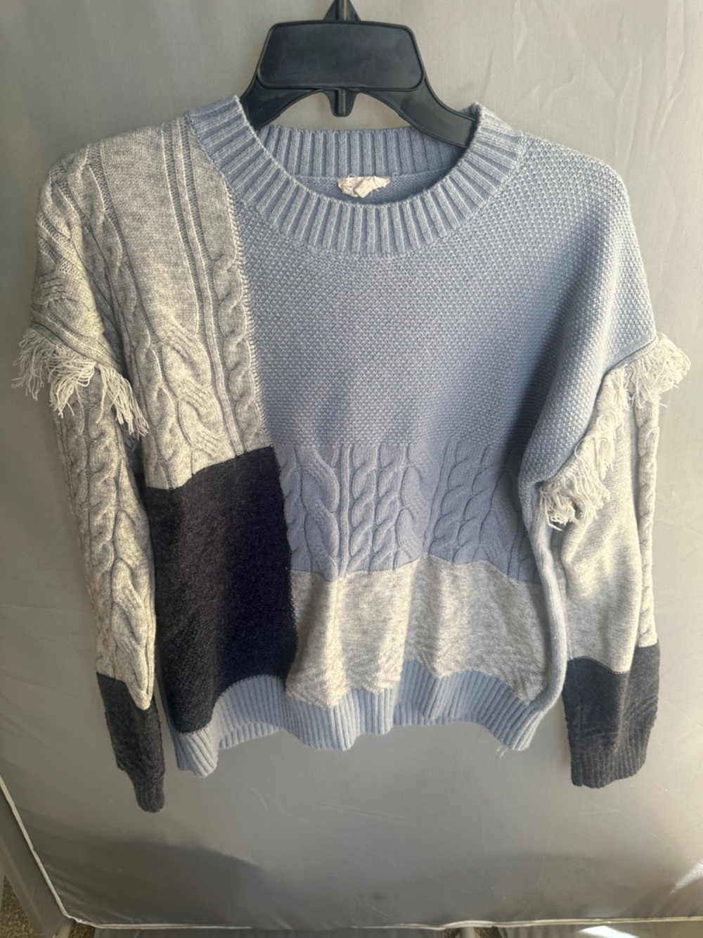 Hem & Thread Light Blue, Gray & Black Colorblock Cable Fringe Sweater